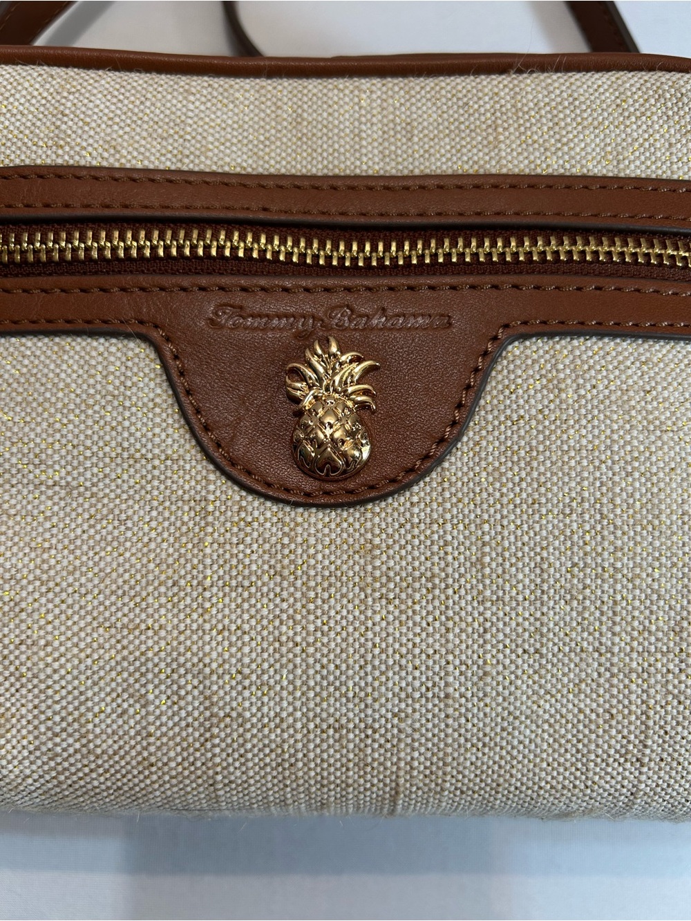 Tommy Bahama Cream and Brown Canvas Crossbody with Pineapple Detail - Picture 2 of 16